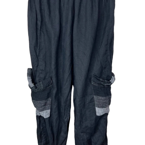 Tara Vao Linen Side Pocket Lagenlook Pants in Black Gray Stripe Size Medium - Picture 7 of 11